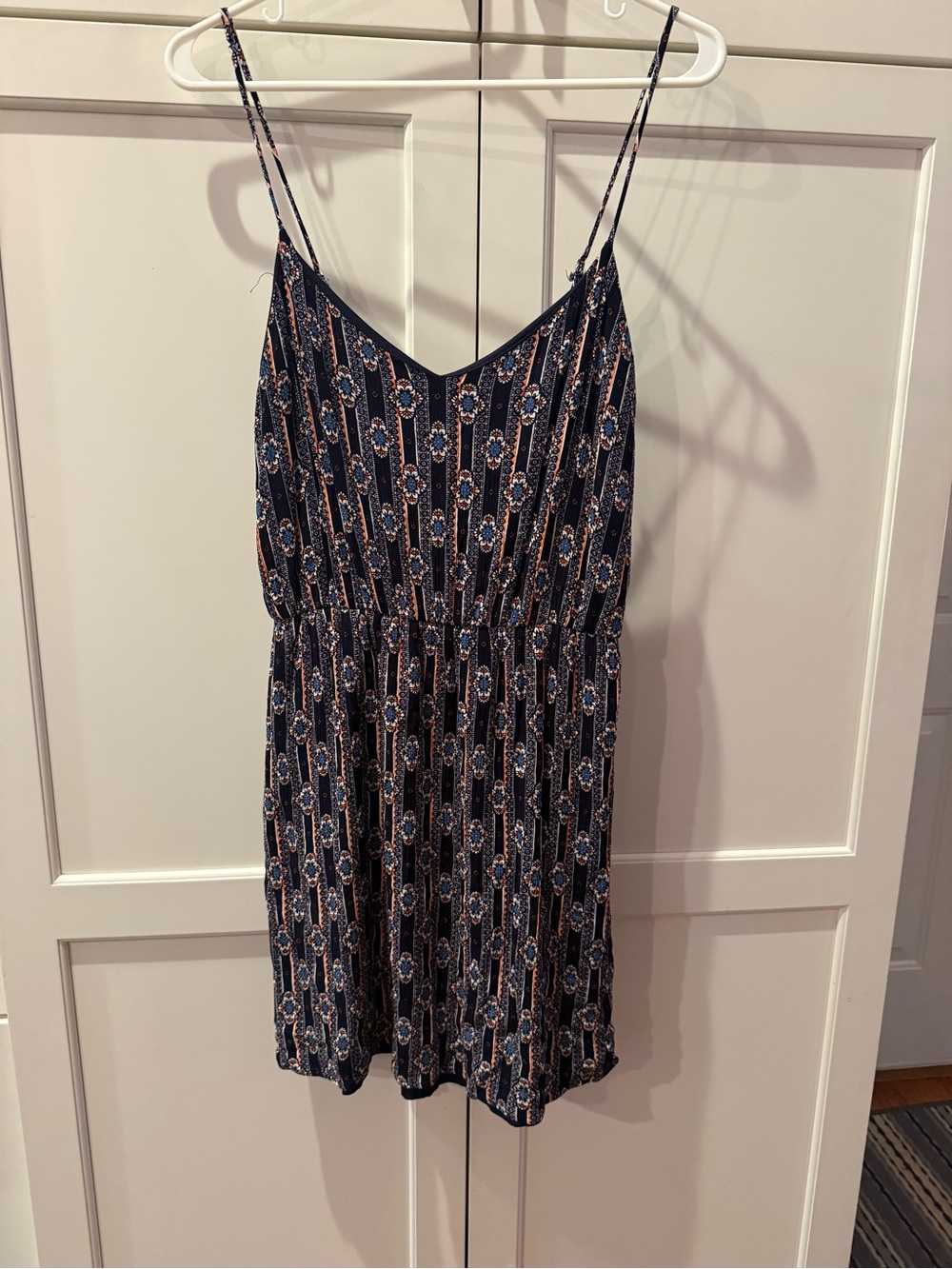 French Grey Navy Paisley Print Spaghetti Strap Dress large